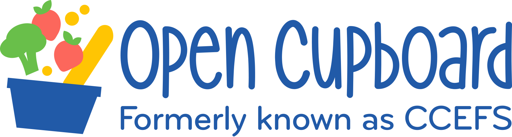 Open Cupboard Logo. A blue basket with a green broccoli, two red strawberries, three yellow circles and a yellow bread. Open Cupboard is in dark blue font