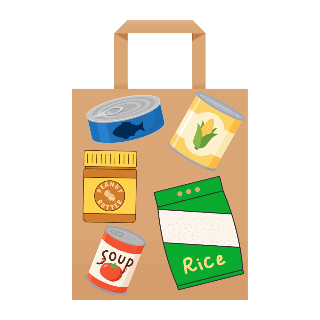 A paper bag with images of tuna, canned corn, peanut butter, tomato soup, and a green bag of rice